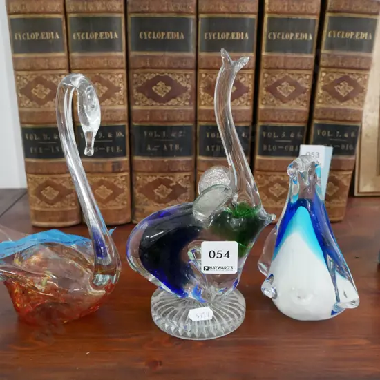 3x art glass animal figurine - chip to swan and elephant