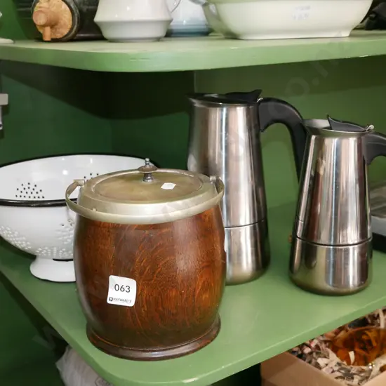 colander, oak lidded barrel, 2x stove top espresso makers
