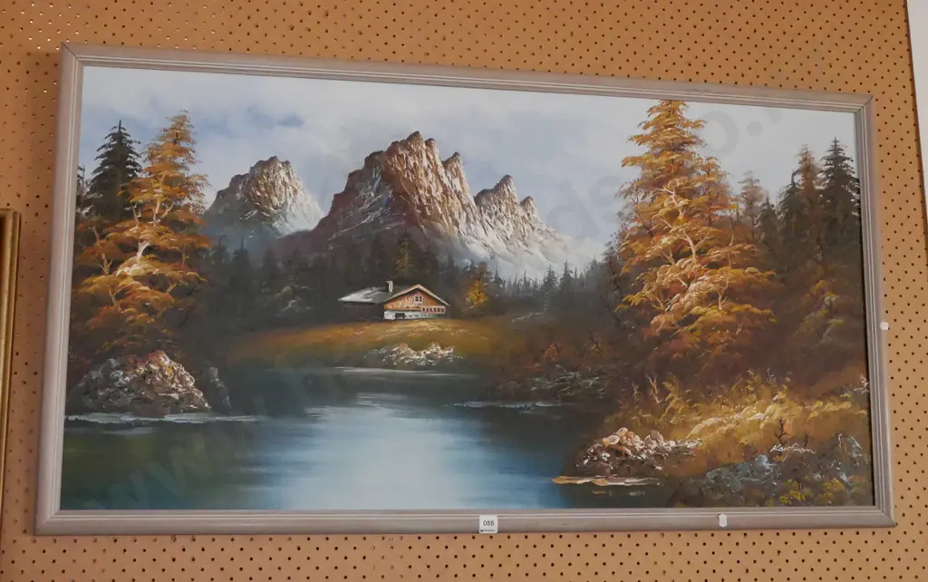 framed oil - chalet and mountain scene Image 1++