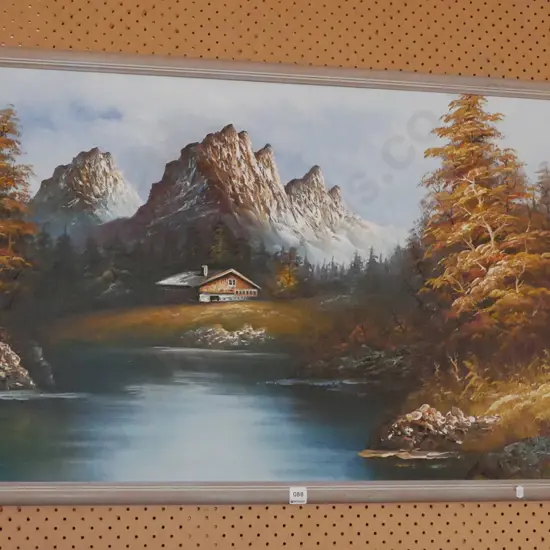 framed oil - chalet and mountain scene