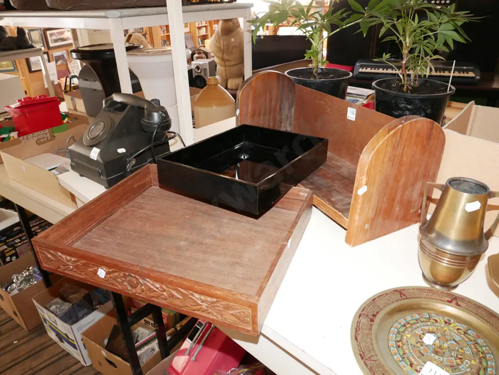 small wooden bookcase, black plastic tray, small carved wooden drawer Image 1++