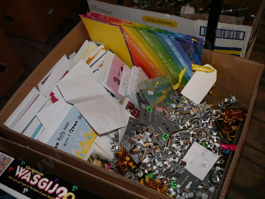 box of greeting cards, ribbons, gift bags Image 1++