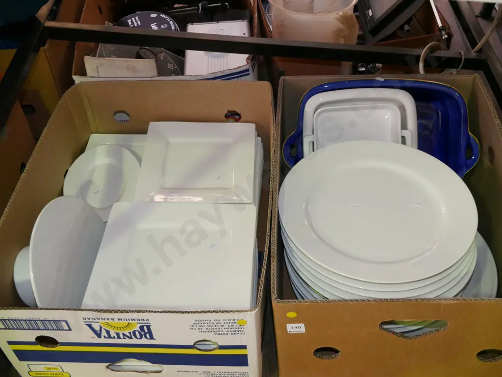 2x boxes of white china plates, cake stand, Temuka dish etc - yellow dots Image 1++