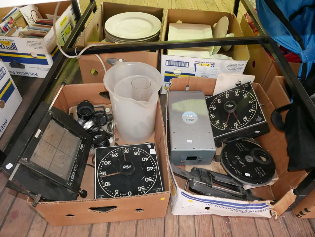 2x boxes of camera lenses, dark room equipment, etc. - yellow dots Image 1++