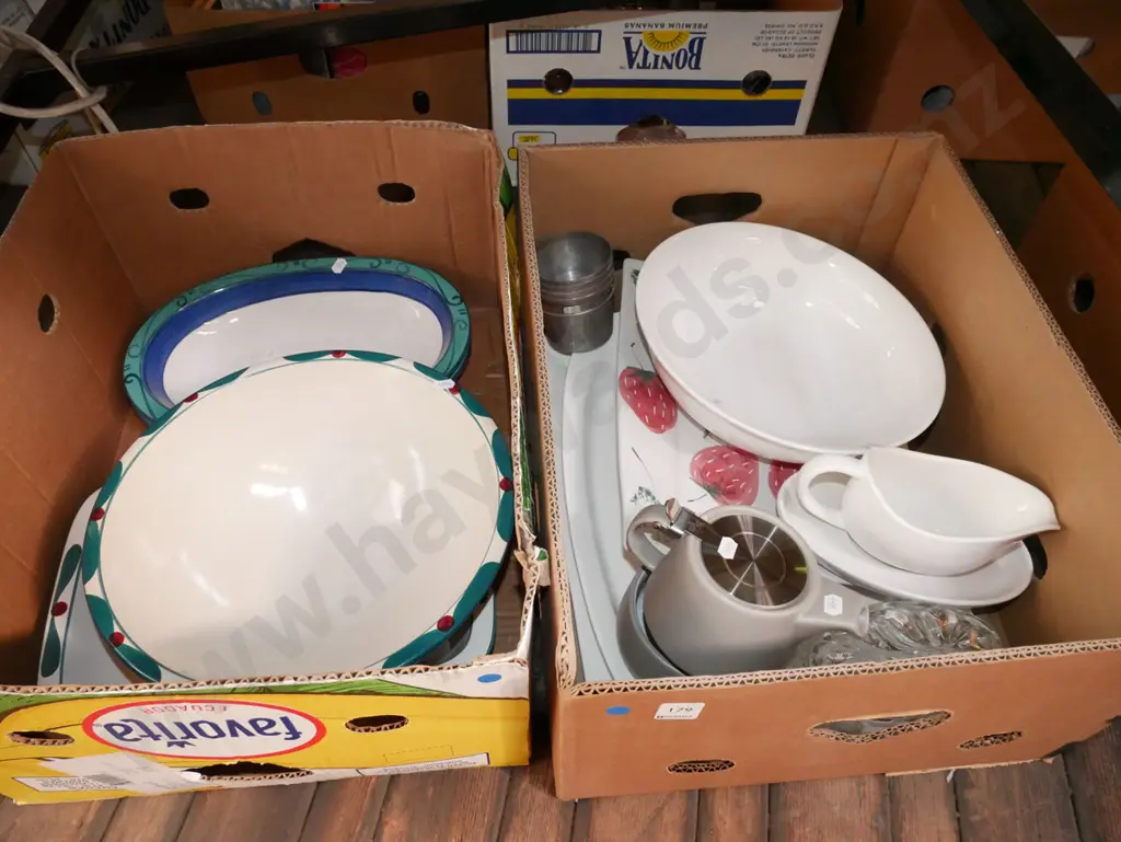 2x boxes; large Temuka plate, fruit bowls, tea for one, gravy boat etc - blue dots Image 1++
