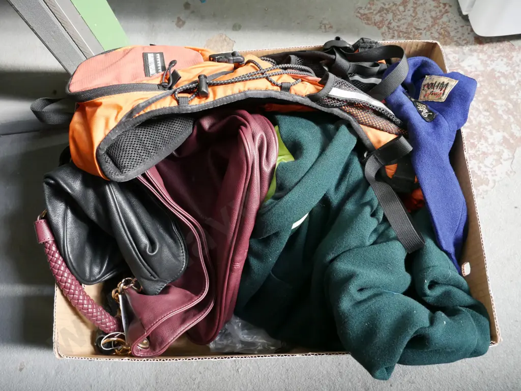 box of various clothes; blazers, hi-vis T shirts, Kathmandu backpack, hand bags Image 1++