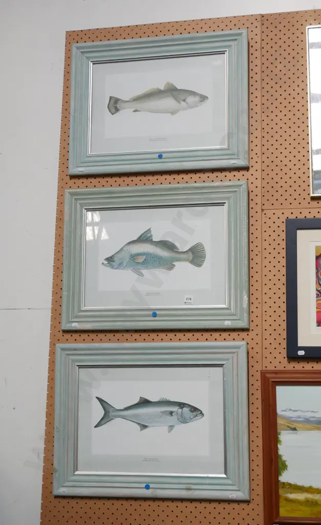 3x framed fish prints - blue dots Image 1++