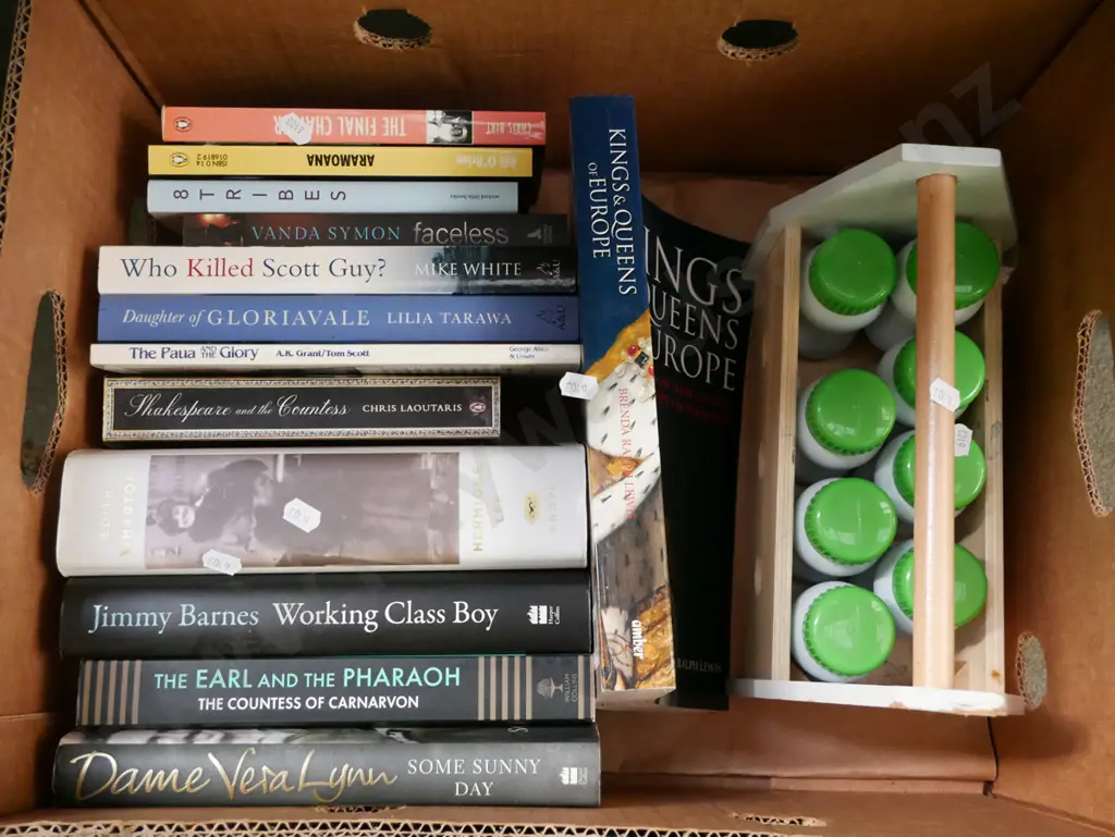 box; books, wooden basket and canisters Image 1++