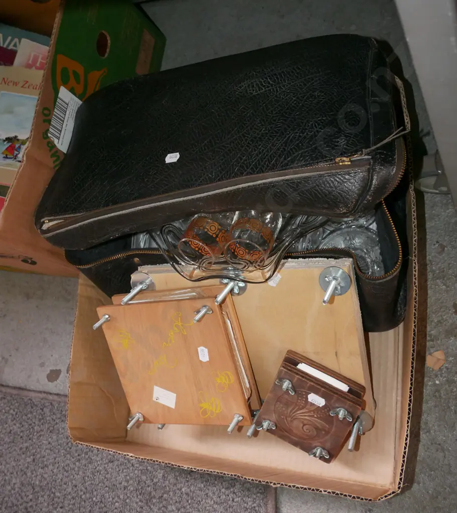 box; flower pressers, small vinyl suitcase, glass items Image 1++