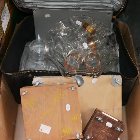 box; flower pressers, small vinyl suitcase, glass items
