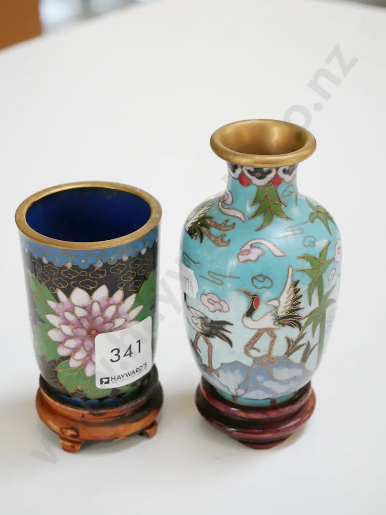 2x cloisonne vases and stand Image 1++
