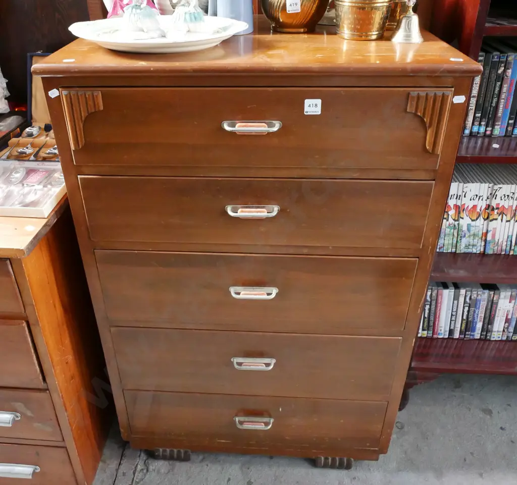 deco rimu 5 drawer tall boy H-1700 W-680 D-440 Image 1++