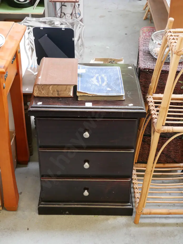 dark stained pine 3 drawer beside cabinet Image 1++