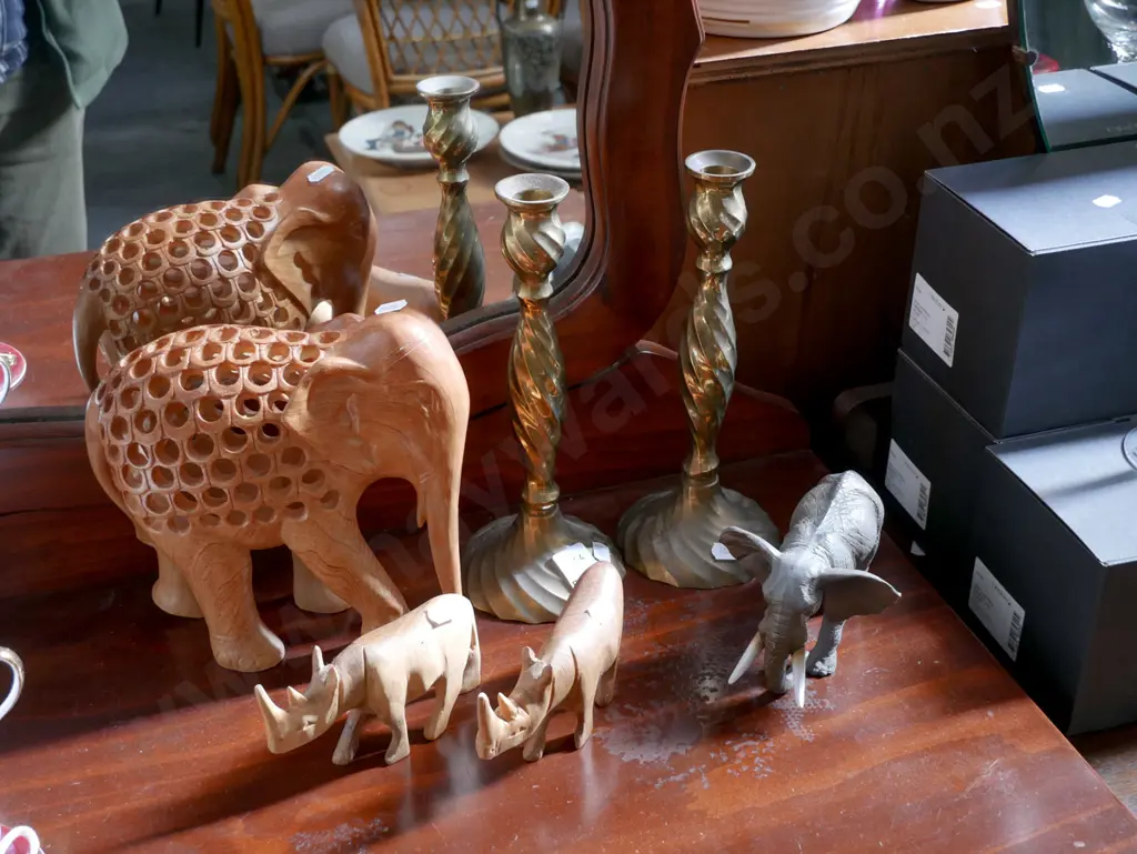 ornamental rhinos, elephants, 2x brass candlesticks Image 1++