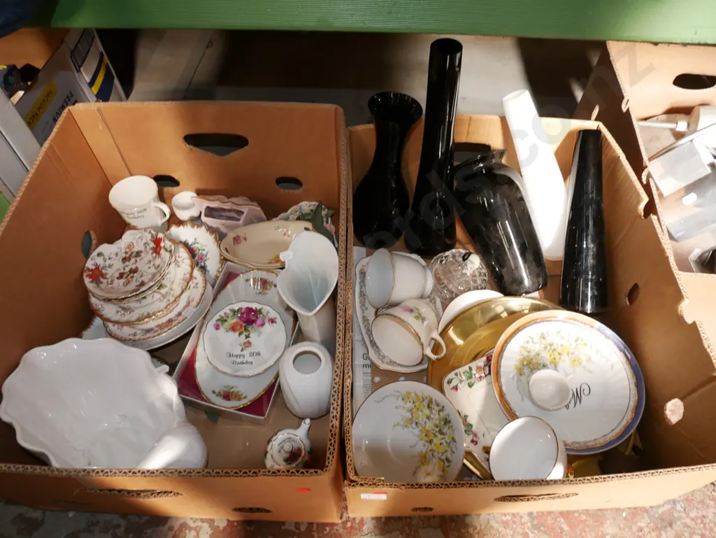 2x boxes; vases, plates, miniature tea pot etc - red dots Image 1++
