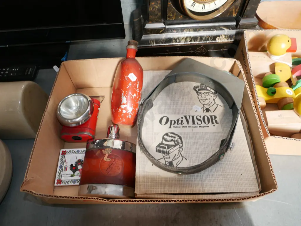 box; glass magnifiers, hip flask etc Image 1++