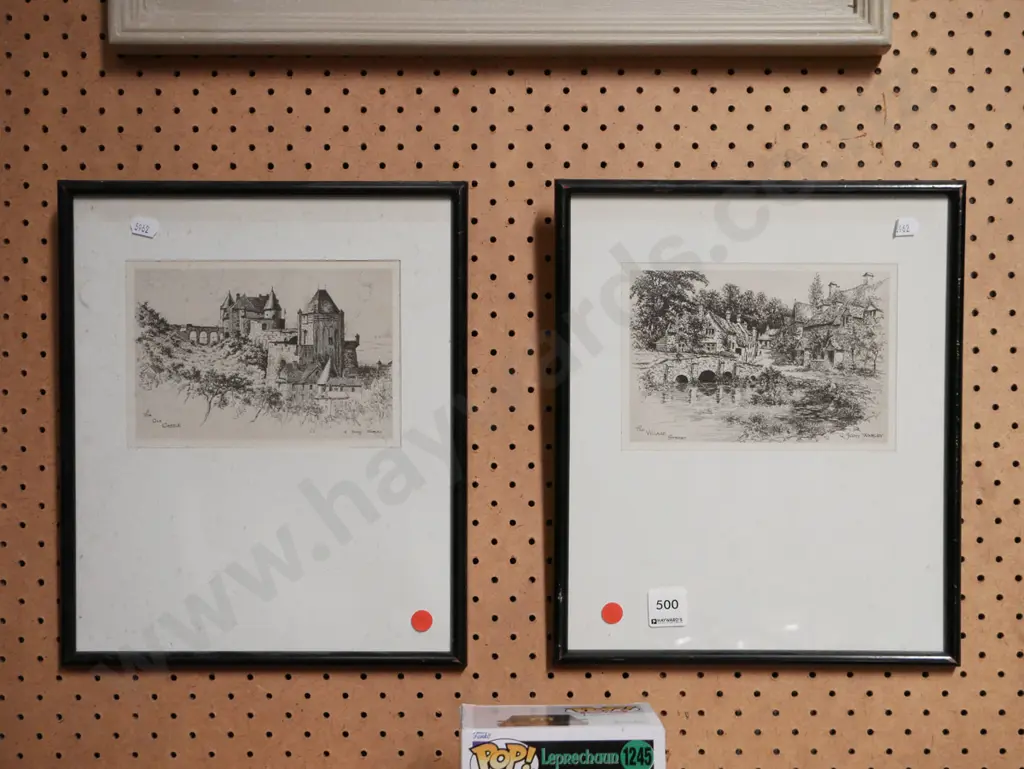 2x framed etching - castle, village street - red dots Image 1++