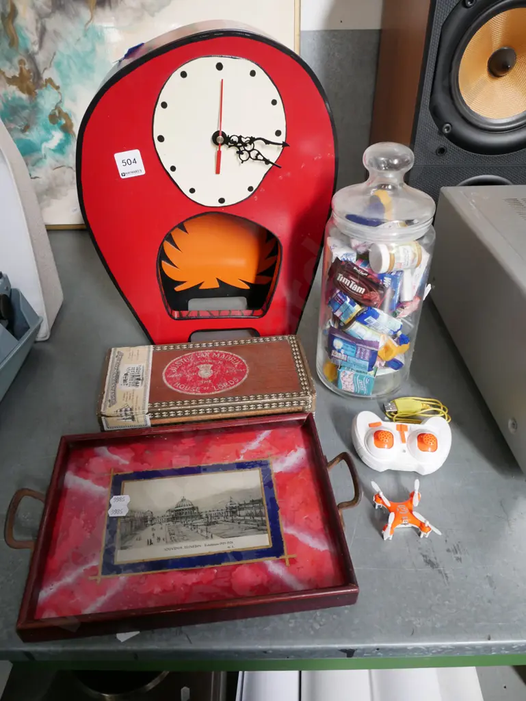 Dr Seuss style mantle clock - needs repair,  small Dunedin souvenir tray, mini drone etc Image 1++