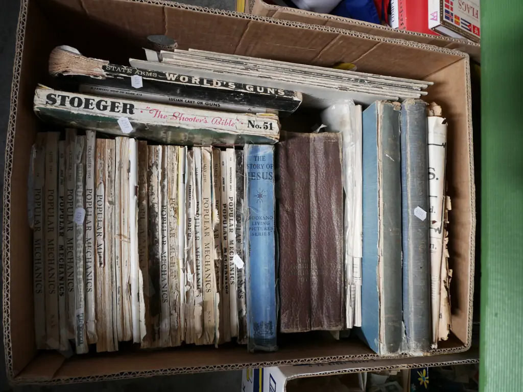 box of vintage books and back issues of Popular Mechanics Image 1++