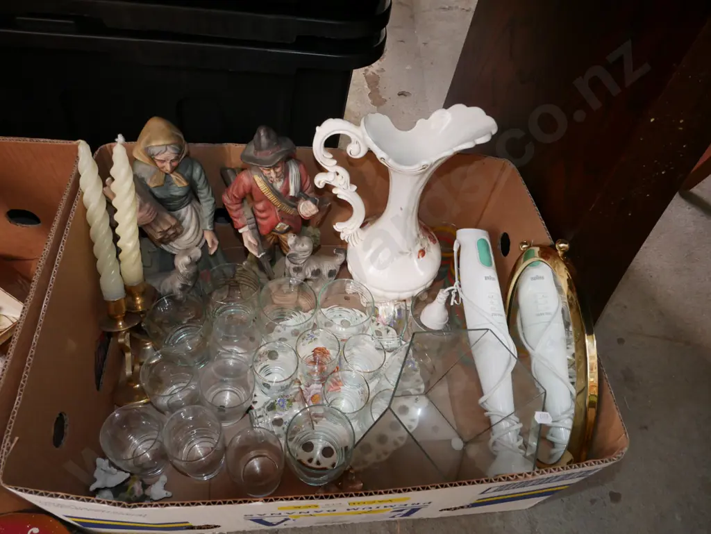 box; candlesticks, glasses figurines, ewer vase etc Image 1++