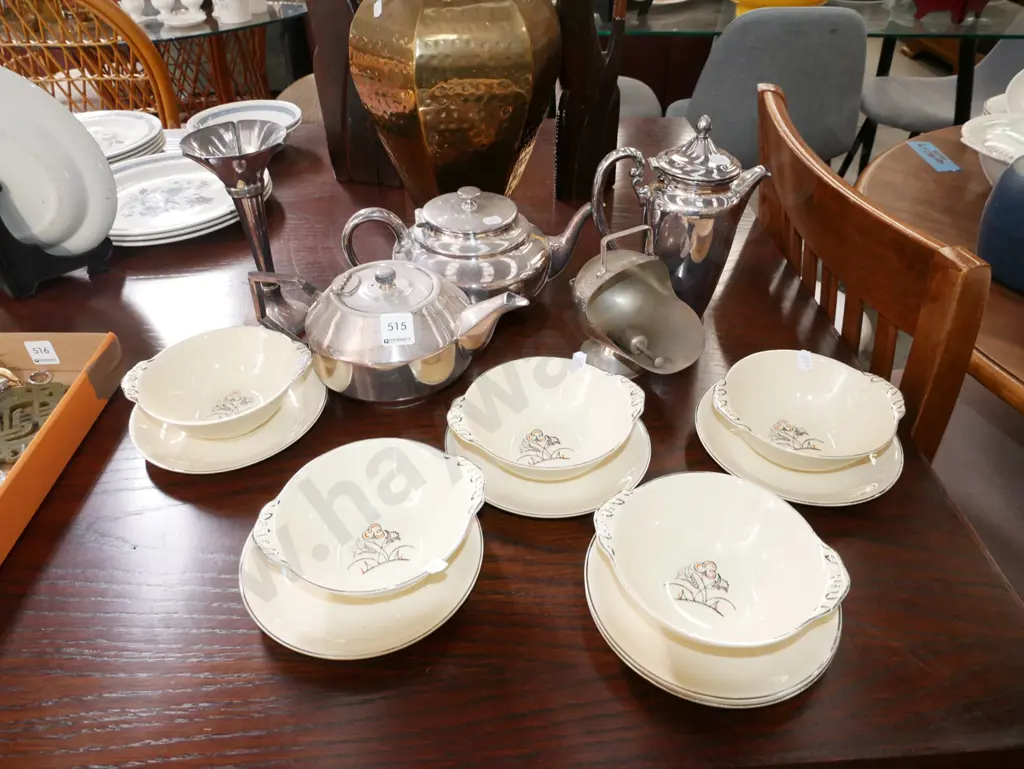 plated tea pots, coffee pots, vase, soup bowls and saucers Image 1++