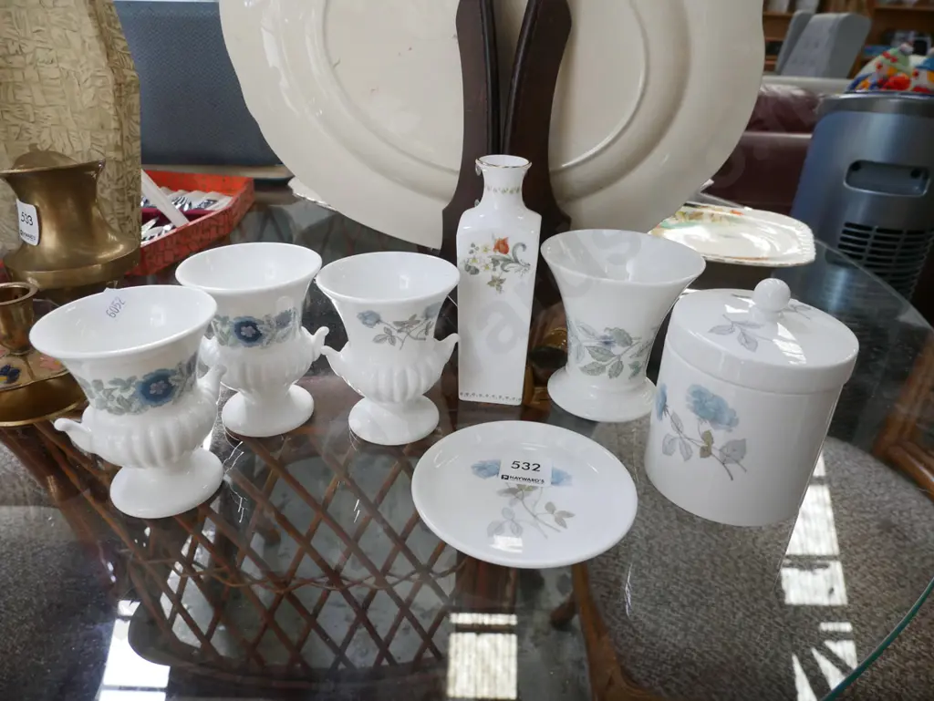 Wedgwood ice rose vases, pin dish, lidded canister, 1 other vase Image 1++