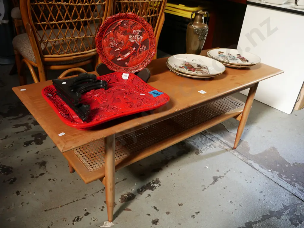 restorer's retro veneer bergere 2 tier table - water staining to top Image 1++