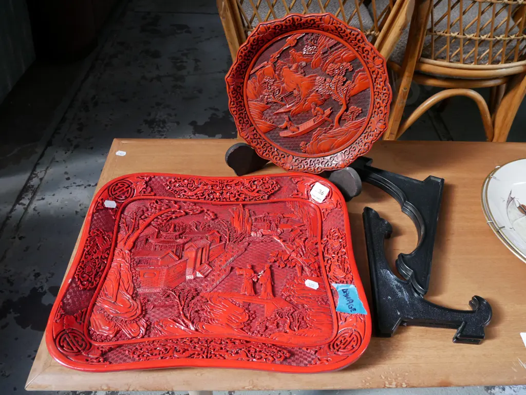 Asian cinnabar tray and plate with stands Image 1++