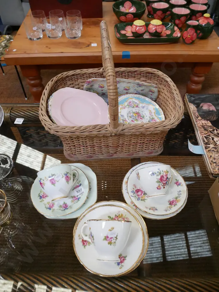 3x trios, cane basket of plates and saucers Image 1++