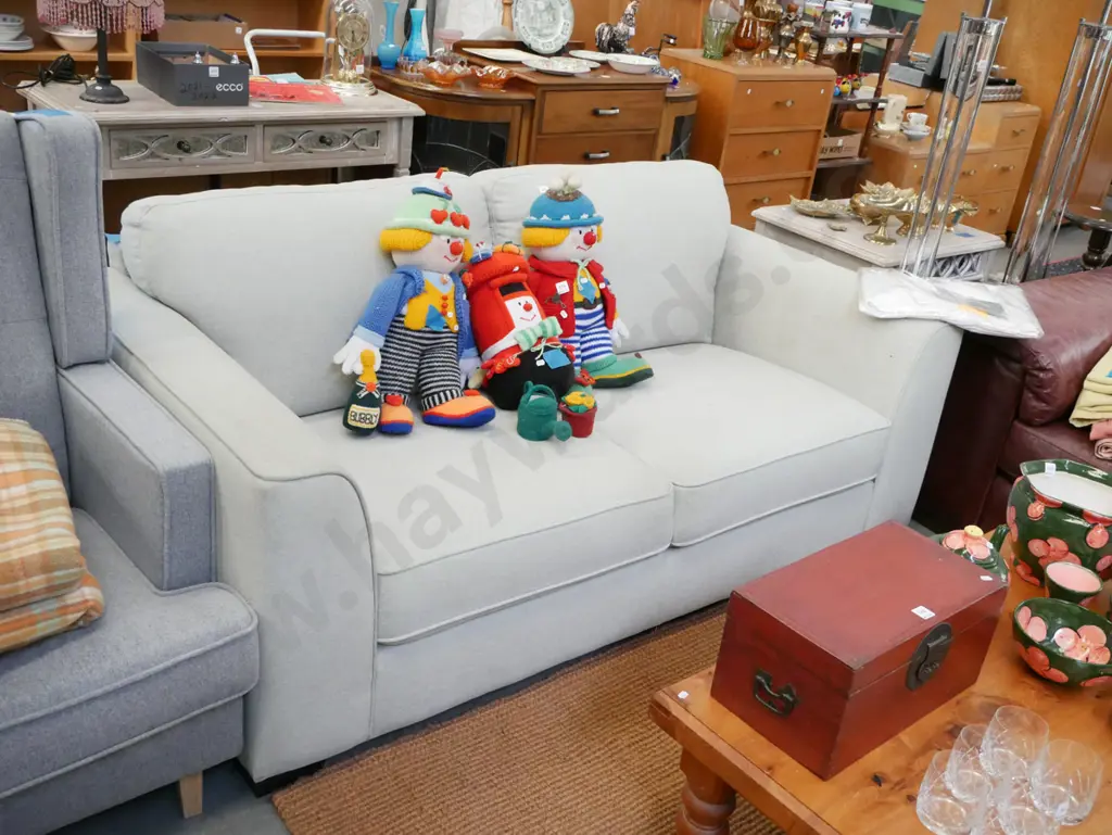 grey upholstered modern 2 seater settee - some marking and staining Image 1++
