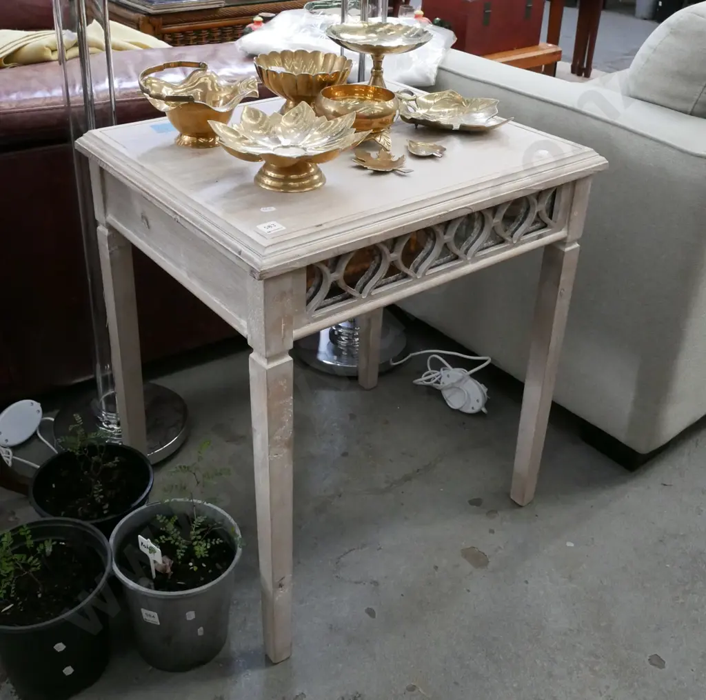 distressed painted end table with cut away fretwork and mirror inserts H-660 W-600 D-500 Image 1++