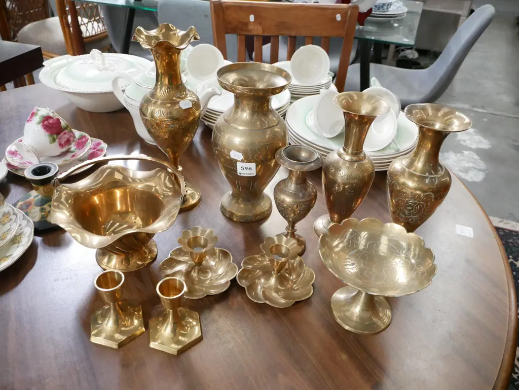 assorted brass vase, comports, candlesticks etc Image 1++