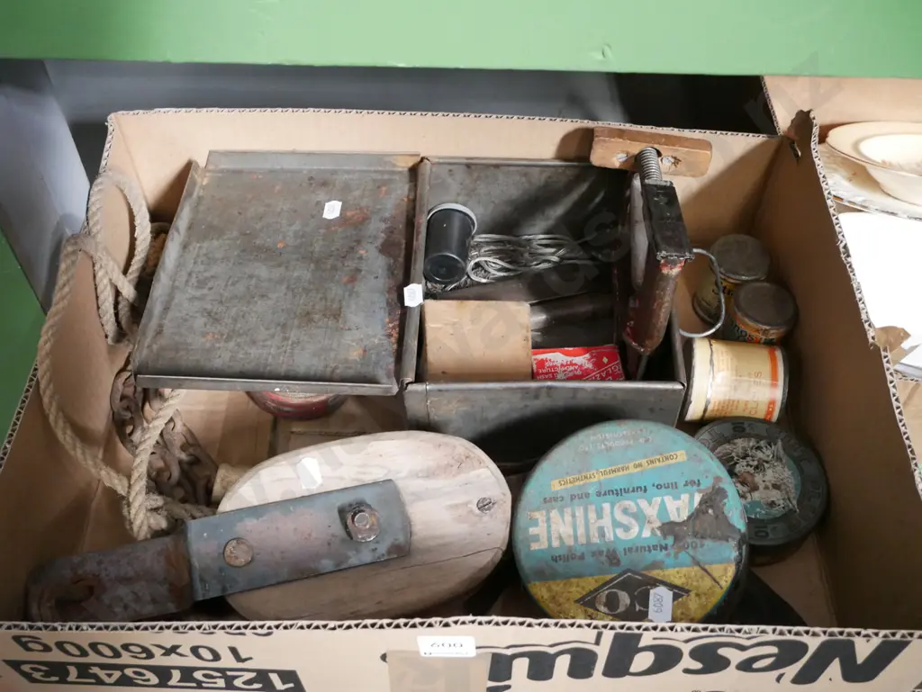box; vintage pulley, tins, metal box etc Image 1++