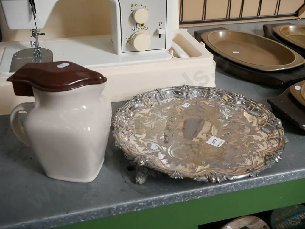 plated ornate footed dish & ceramic & plastic jug Image 1++