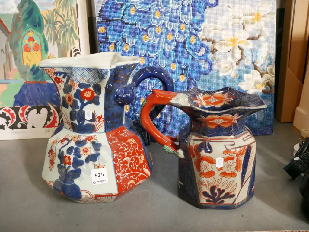 2 x Asian design Ironstone ornate red & blue frilled jugs - tallest H-260 Image 1++
