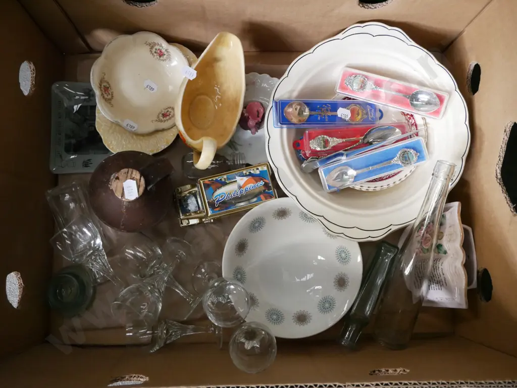 box; small glasses, souviner teaspoons, gravy jug, stoppered bottle etc Image 1++