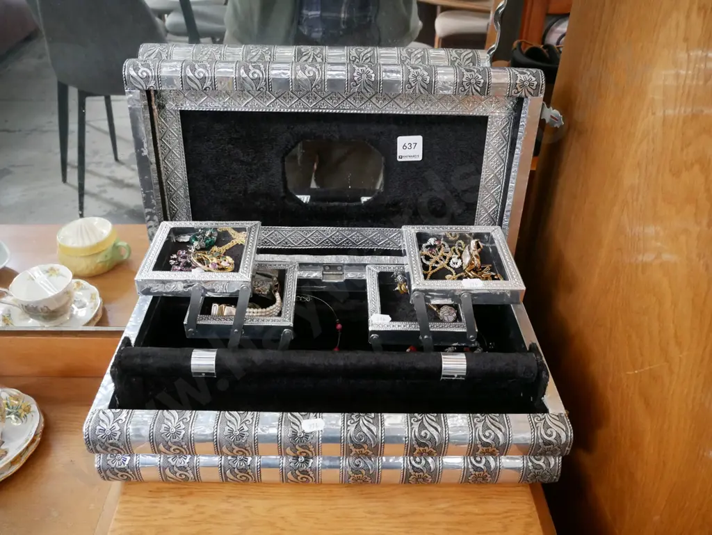 large silver booked themed jewellery box, with costume jewellery contents Image 1++