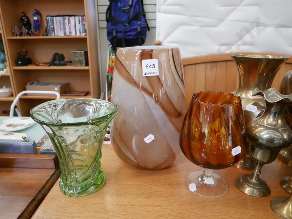green glass vase, amber glass goble,  brown swirl glass vase  Tallest H- 240 Image 1++