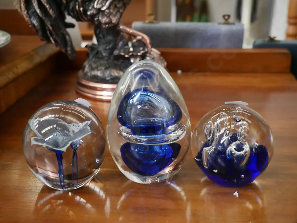 3 x blue glass paper weights Image 1++