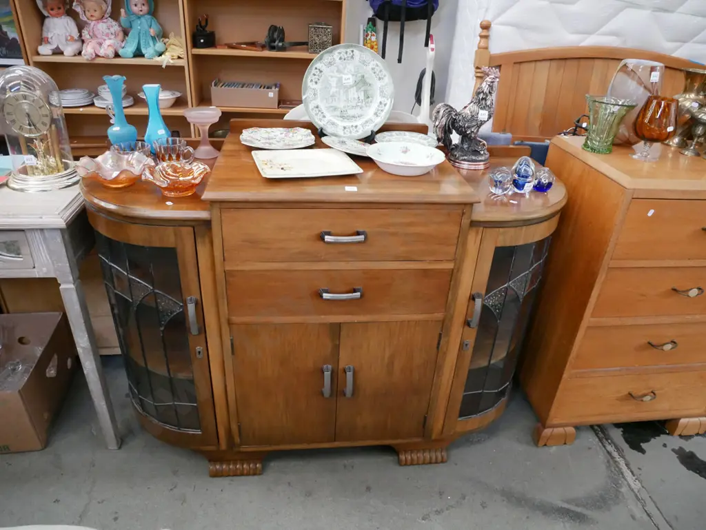 rimu cabinet, with 2 leadlight doors, 2 solid doors & 2 drawers (key in office) H-920 W-1300 D-500 Image 1++