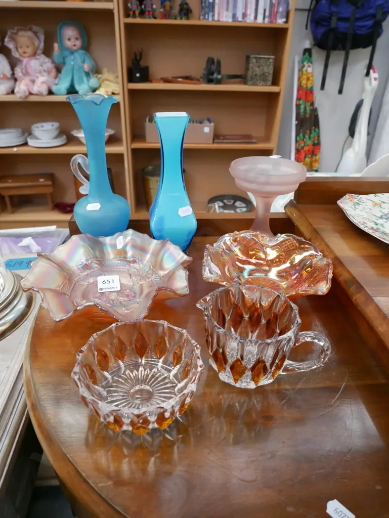 2 orange carnival glass bowls, blue glass vases etc Image 1++