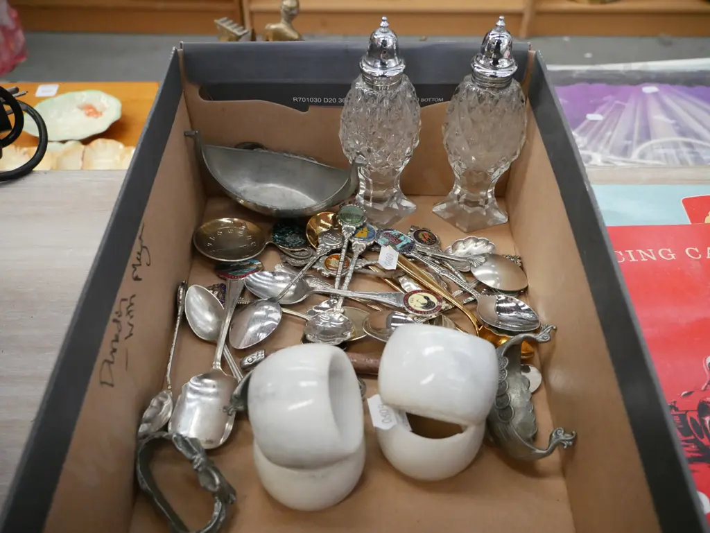 box; salt & pepper shakers, souviner teaspoons, napkin rings etc Image 1++