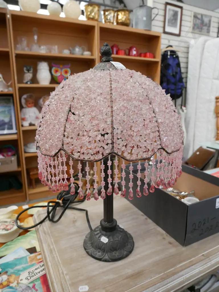 pink plastic tasselled metal based table lamp Image 1++