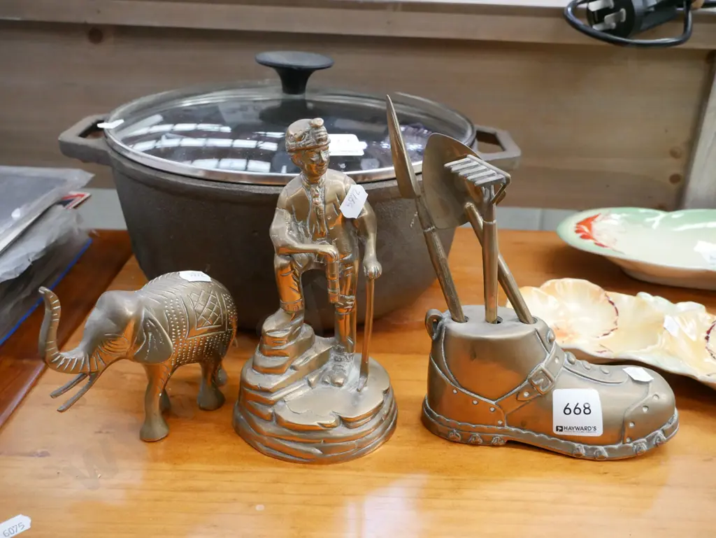 brass figurines; miner,  elephants, brass boot with garden tools Tallest-170 Image 1++