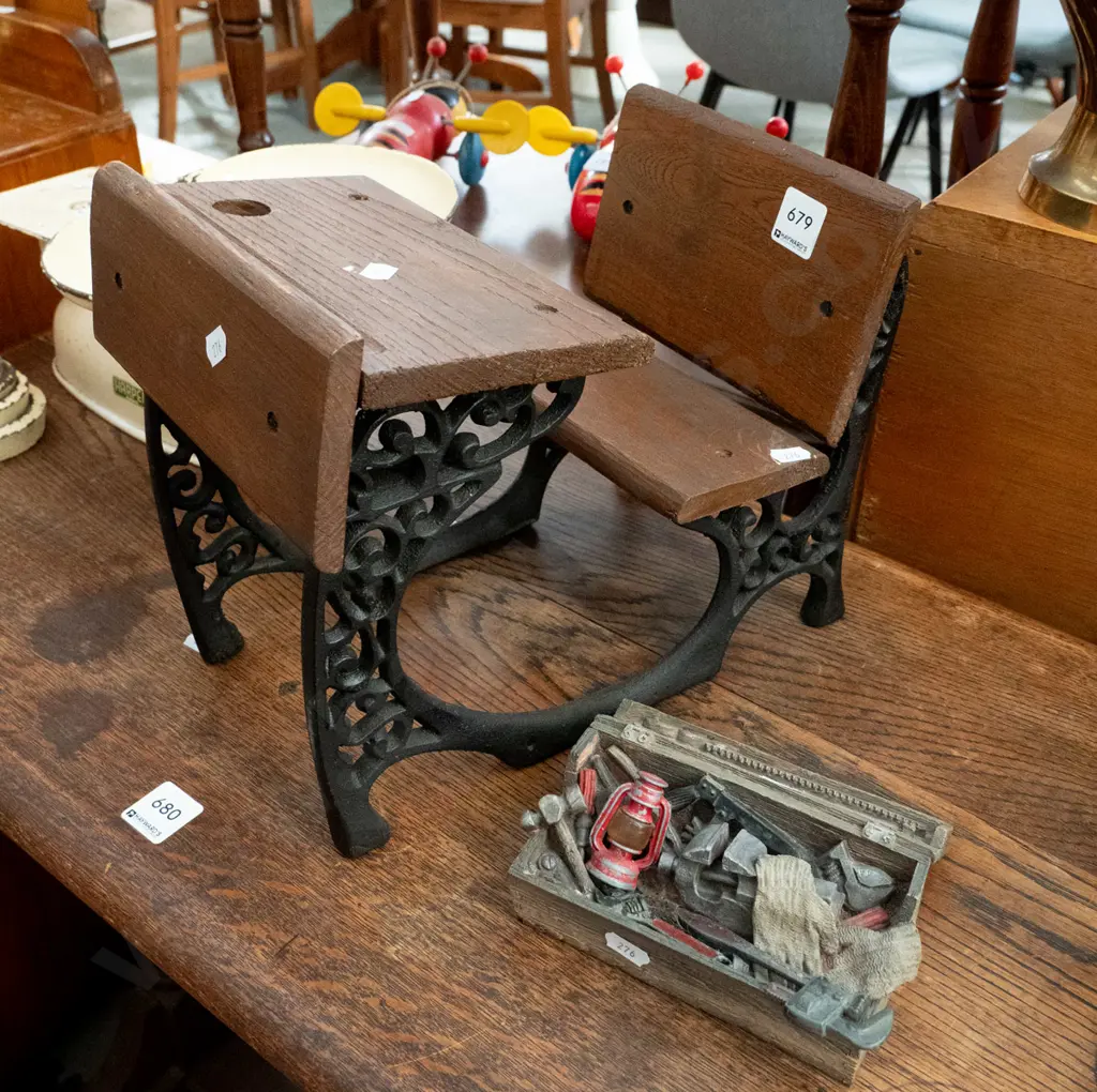 metal & composite mining figure, cast iron & wood doll's desk Image 1++