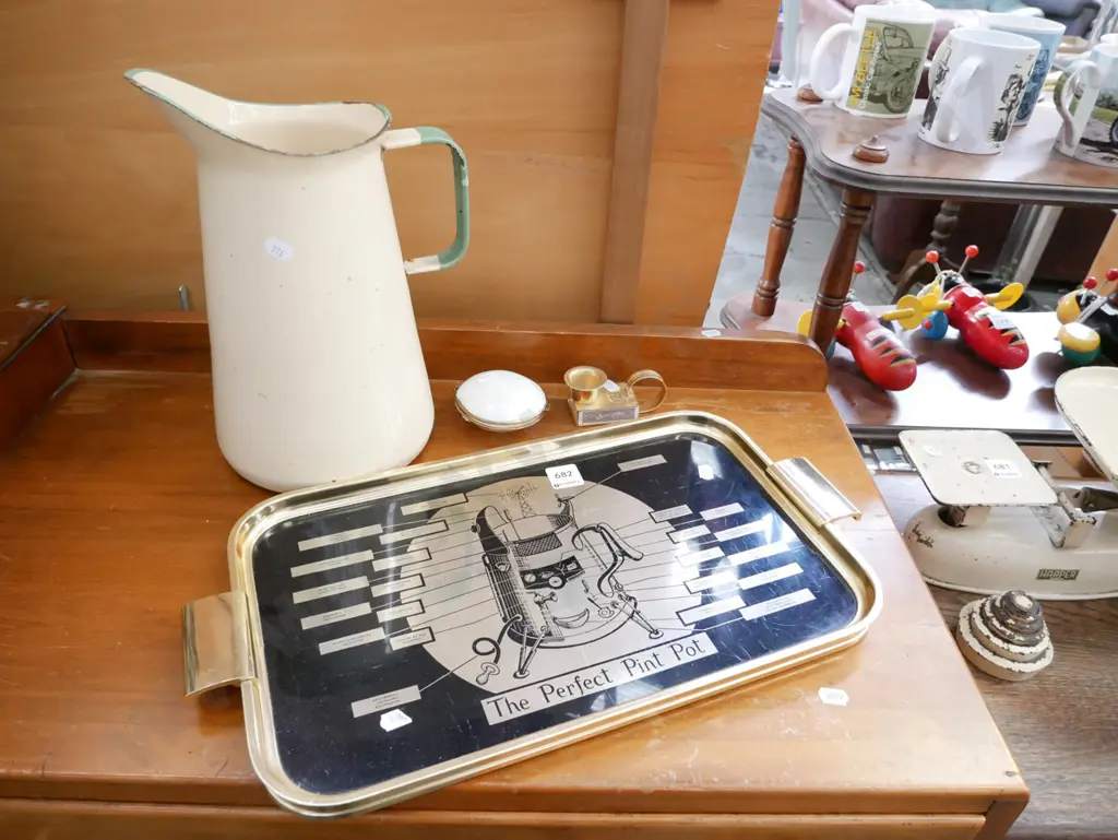 tall yellow & green enamel jug (some rust), retro Perfect Pint Pot tray, shell trinket box etc Image 1++