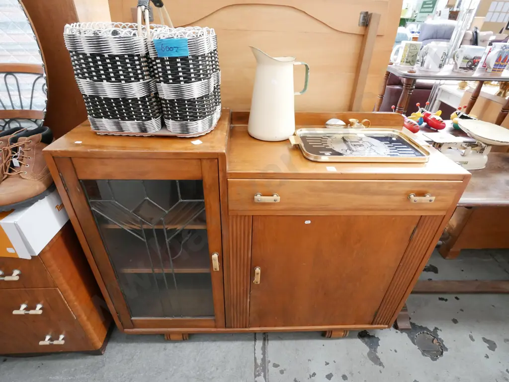 rimu cabinet with 1 leadlight door, 1 solid door & 1 drawer H-920 W-1180 D-420 Image 1++