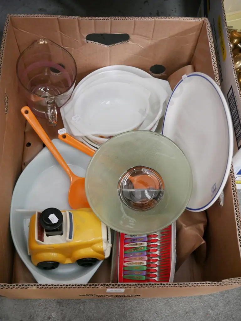 box; retro milk glass bowls, sweet corn forks, leather coasters etc Image 1++