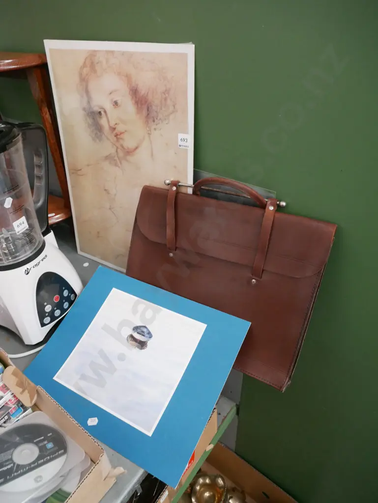 2 unframed prints & leather satchel Image 1++