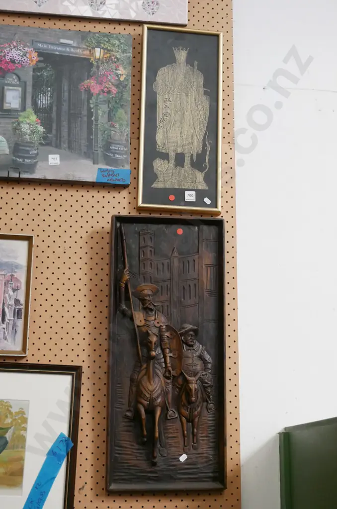 small framed Medieval print, retro wooden  3D picture Don Quixote  - red dots Image 1++